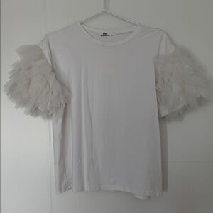 Anthropologie White Short Sleeve Tee with Tulle Sleeves
